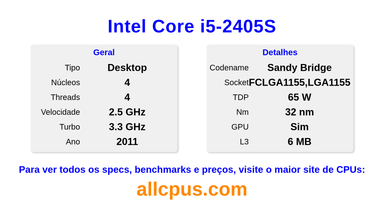 Intel Core i5-2405S Especificações e benchmarks da CPU