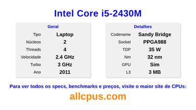 Intel Core i5-2430M Especificações e benchmarks da CPU