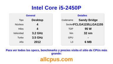Intel Core i5-2450P Especificaciones y benchmarks de la CPU