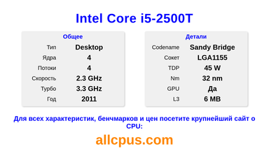 Intel Core i5-2500T Характеристики и бенчмарки CPU