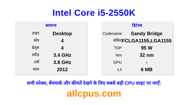 Intel Core i5-2550K CPU की स्पेसिफिकेशन और बेंचमार्क
