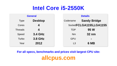 Intel Core i5-2550K CPU Specifications and Benchmark