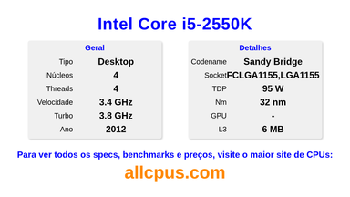 Intel Core i5-2550K Especificações e benchmarks da CPU