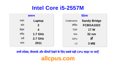 Intel Core i5-2557M CPU की स्पेसिफिकेशन और बेंचमार्क