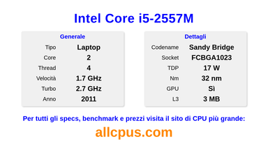 Intel Core i5-2557M Specifiche e benchmark della CPU