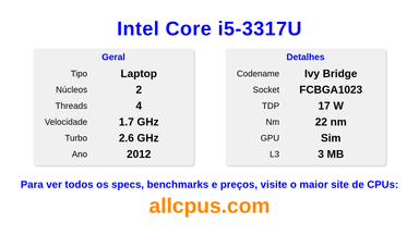 Intel Core i5-3317U Especificações e benchmarks da CPU
