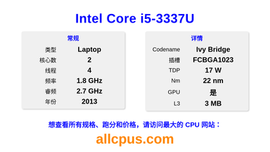 Intel Core i5-3337U CPU 规格和跑分