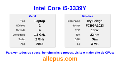 Intel Core i5-3339Y Especificações e benchmarks da CPU