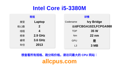 Intel Core i5-3380M CPU 规格和跑分