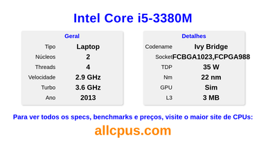 Intel Core i5-3380M Especificações e benchmarks da CPU