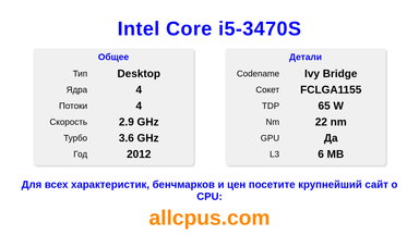 Intel Core i5-3470S Характеристики и бенчмарки CPU