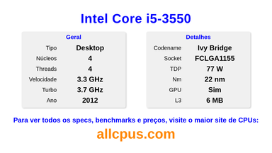 Intel Core i5-3550 Especificações e benchmarks da CPU