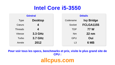 Intel Core i5-3550 Spécifications et benchmarks du CPU