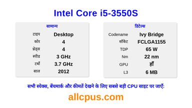 Intel Core i5-3550S CPU की स्पेसिफिकेशन और बेंचमार्क