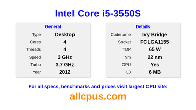 Intel Core i5-3550S CPU Specifications and Benchmark
