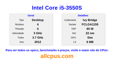 Intel Core i5-3550S Especificações e benchmarks da CPU