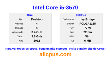 Intel Core i5-3570 Especificações e benchmarks da CPU