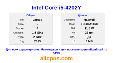 Intel Core i5-4202Y Характеристики и бенчмарки CPU
