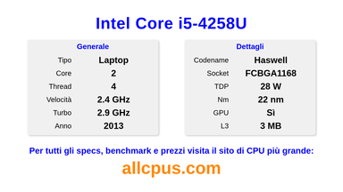 Intel Core i5-4258U Specifiche e benchmark della CPU