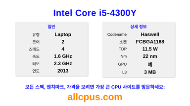 Intel Core i5-4300Y CPU 사양과 벤치마크