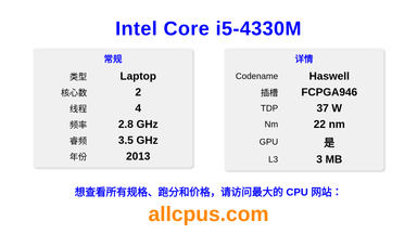 Intel Core i5-4330M CPU 规格和跑分