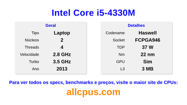 Intel Core i5-4330M Especificações e benchmarks da CPU