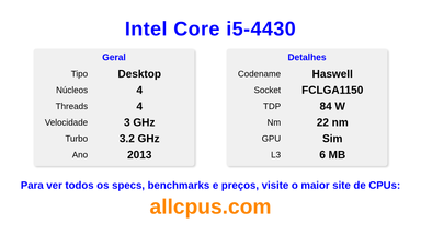 Intel Core i5-4430 Especificações e benchmarks da CPU