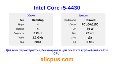 Intel Core i5-4430 Характеристики и бенчмарки CPU