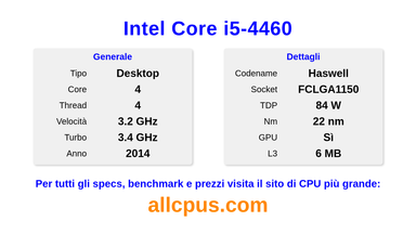 Intel Core i5-4460 Specifiche e benchmark della CPU