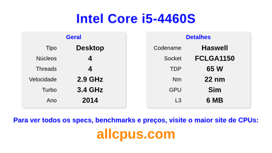 Intel Core i5-4460S Especificações e benchmarks da CPU
