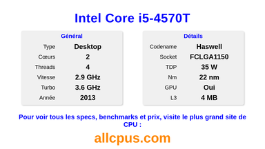 Intel Core i5-4570T Spécifications et benchmarks du CPU