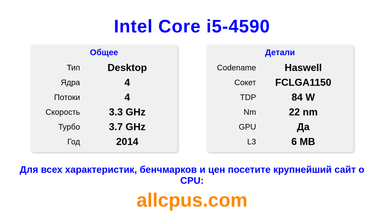 Intel Core i5-4590 Характеристики и бенчмарки CPU