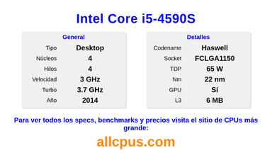 Intel Core i5-4590S Especificaciones y benchmarks de la CPU