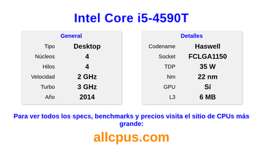 Intel Core i5-4590T Especificaciones y benchmarks de la CPU