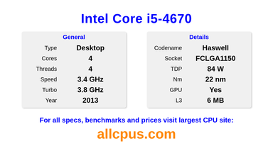 Intel Core i5-4670 CPU Specifications and Benchmark
