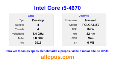 Intel Core i5-4670 Especificações e benchmarks da CPU