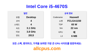 Intel Core i5-4670S CPU 사양과 벤치마크