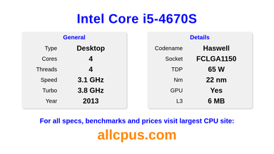 Intel Core i5-4670S CPU Specifications and Benchmark