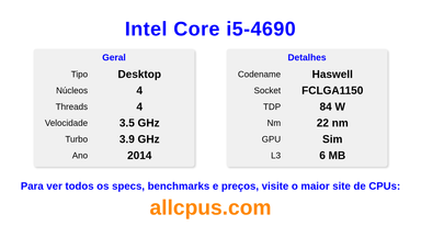 Intel Core i5-4690 Especificações e benchmarks da CPU