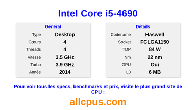 Intel Core i5-4690 Spécifications et benchmarks du CPU