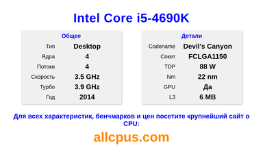 Intel Core i5-4690K Характеристики и бенчмарки CPU