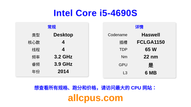 Intel Core i5-4690S CPU 规格和跑分