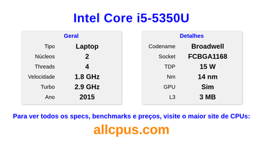 Intel Core i5-5350U Especificações e benchmarks da CPU