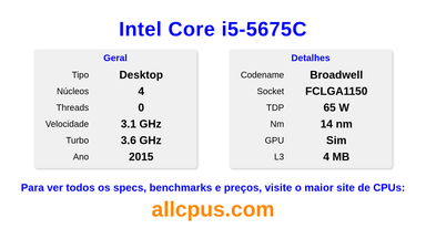 Intel Core i5-5675C Especificações e benchmarks da CPU