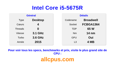 Intel Core i5-5675R Spécifications et benchmarks du CPU
