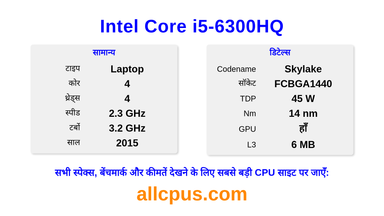 Intel Core i5-6300HQ CPU की स्पेसिफिकेशन और बेंचमार्क