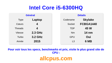 Intel Core i5-6300HQ Spécifications et benchmarks du CPU