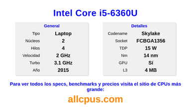 Intel Core i5-6360U Especificaciones y benchmarks de la CPU