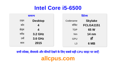 Intel Core i5-6500 CPU की स्पेसिफिकेशन और बेंचमार्क