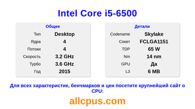 Intel Core i5-6500 Характеристики и бенчмарки CPU